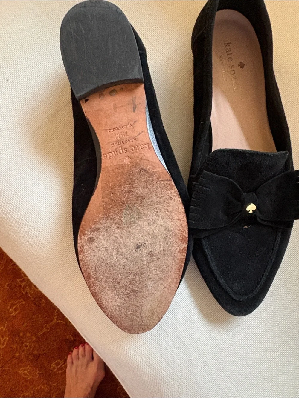 kate spade Black Suede Bow Loafers with Gold Spade Charm